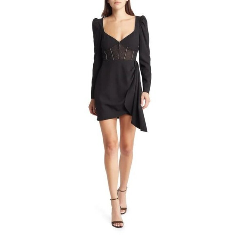 Saylor Letitcia Long Sleeve Rhinestone Trim Mini Dress in Black Size M